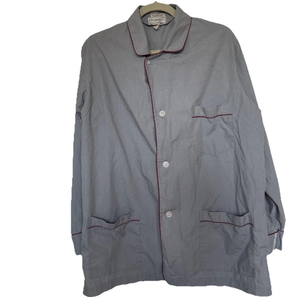 Vintage Christian Dior Men Large Gray Monsieur Pajama Sleep Shirt Button Up